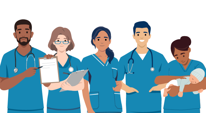 Cartoon style illustration of nurses standing in a row